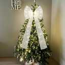 Soulchen Giant LED Christmas Tree Topper Bow Decor, 50 x 24 Inch Large White Mesh Streamer 3D Xmas Tree Top Bow with Lights for Home, Wedding, Birthday Party, Indoor Outdoor Holiday Decoration