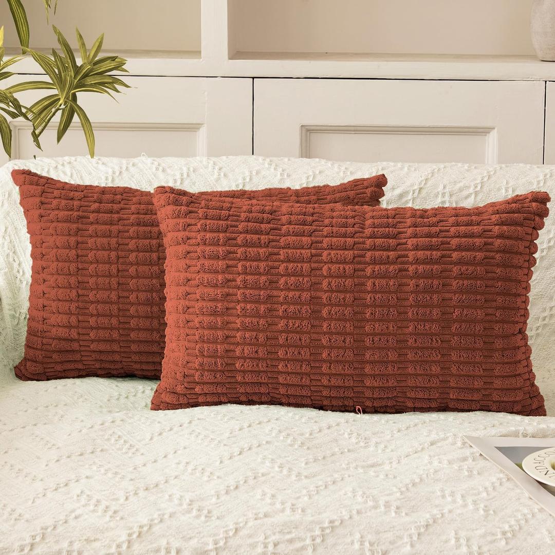 QUORGVES Corduroy Decorative Throw Pillow Covers 12x20 Inch Set of 2 Soft Boho Striped Pillow Covers Decor for Sofa Living Room Couch Bed Rust Terracotta