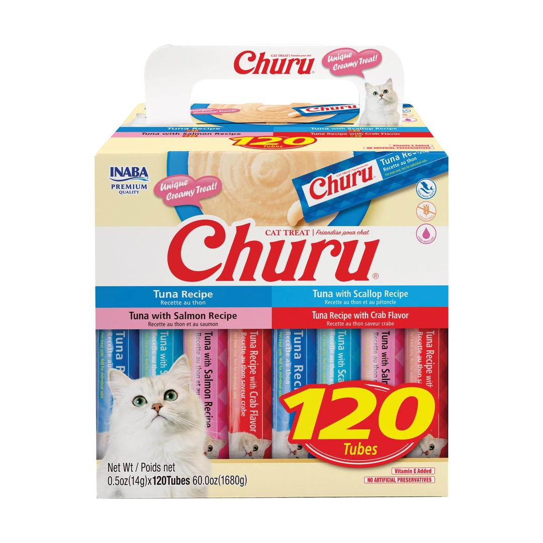 INABA Churu Cat Treats, Lickable, Squeezable Creamy Purée with Vitamin E, 0.5 Ounces per Tube, 120 Tubes Total, Tuna Variety By 03.26.2026