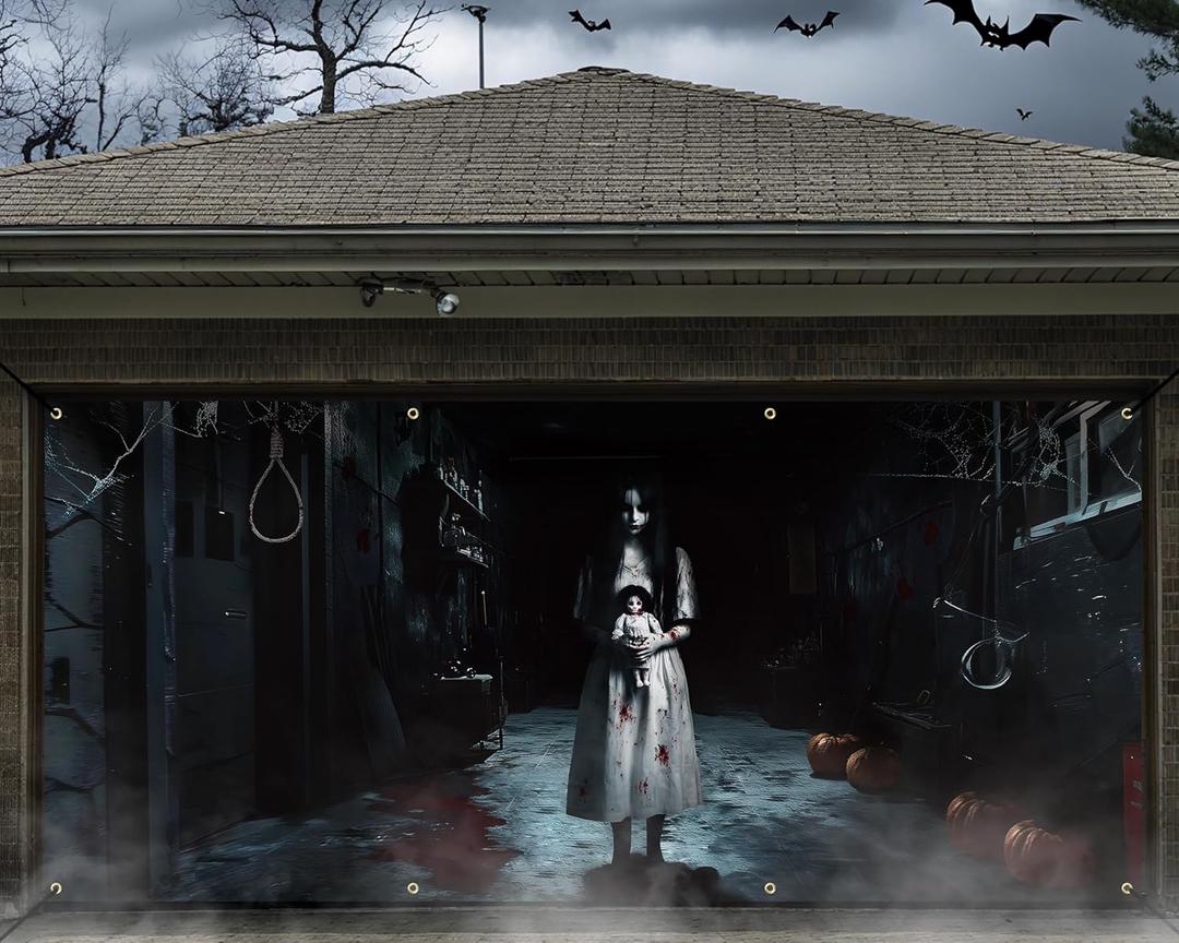 Halloween Garage Door Banner Decoration Magnetic Ghost Girl Garage Door Covers Large Scary Backdrop Decorations for Halloween Indoor/outdoor Party Decor(7 x 16 ft)