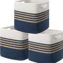 UBBCARE Set of 3 Storage Cubes 13 X 13 X 13 in, Water Hyacinth Storage Bins for Shelves, Toys, Book, Storage Baskets with Handles, Cotton Rope Woven Baskets for Organizing, Blue