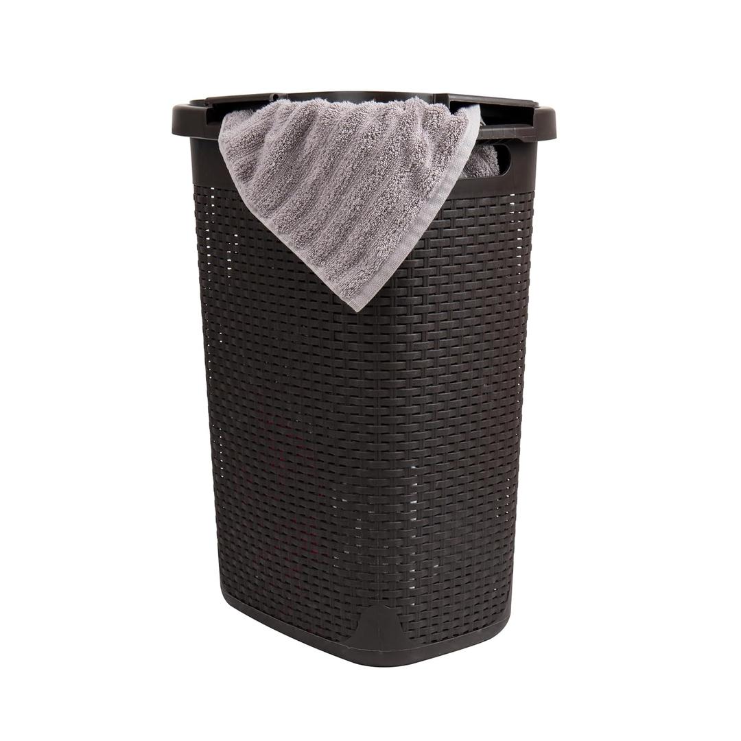 Mind Reader Slim Laundry Hamper with Lid, 60L Clothes Basket, Premium Wicker Design, Plastic, Brown