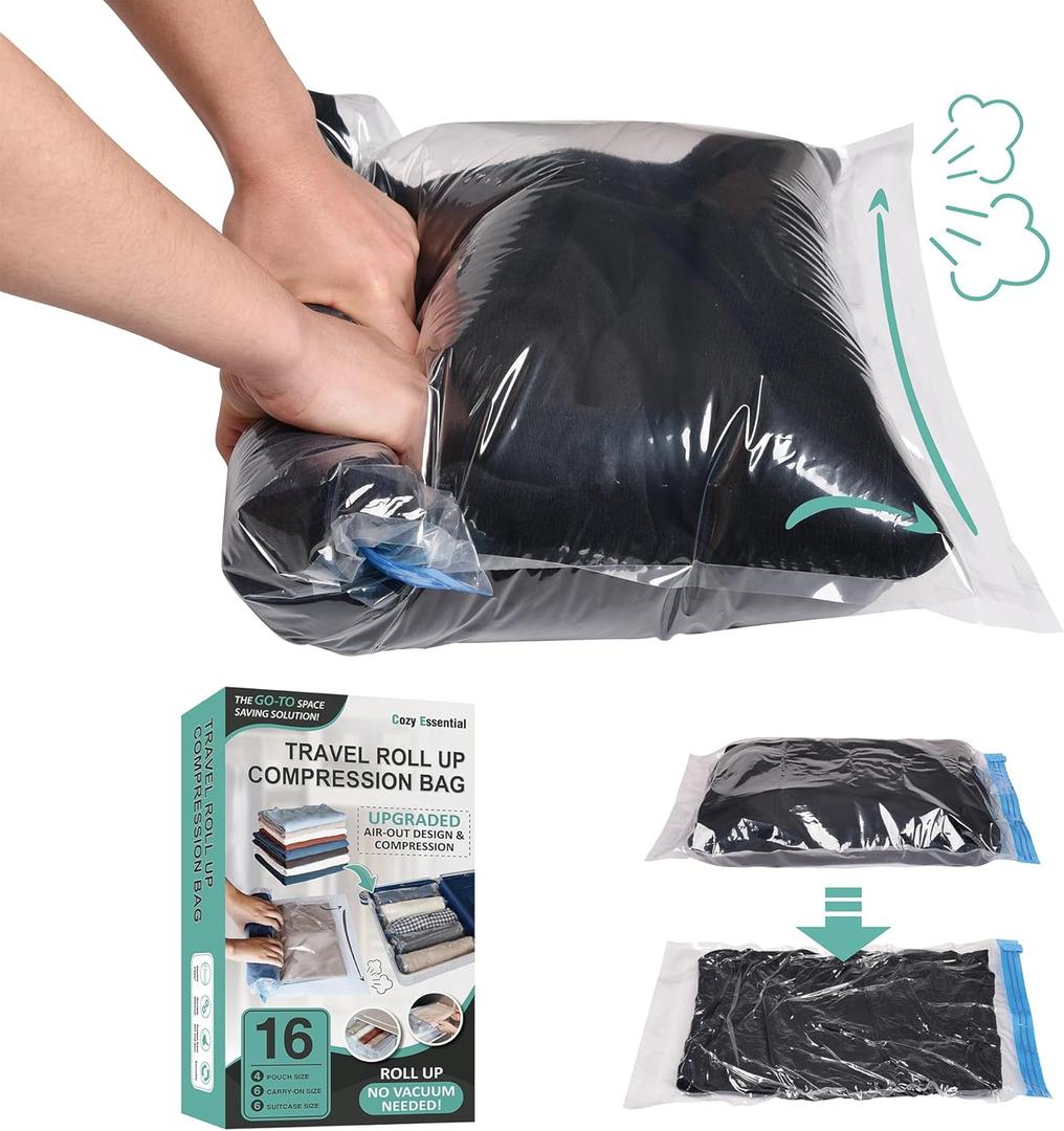 2 x Cozy Essential Compression Bags for Travel - Travel Essentials - 16 Pack Space Saver Bags - No Vacuum Needed - Compression Packing Bags for Cruise Accessories