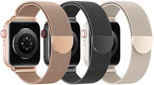 BELONGME 3 Pack Mesh Loop Compatible with Apple Watch Bands for Women Men 40mm 41mm 38mm 42mm 44mm 45mm 49mm 46mm Series 11 10 9 8 7 6 5 4 Ultra3 SE3 2, Stainless Steel Metal Magnetic Strap for iWatch