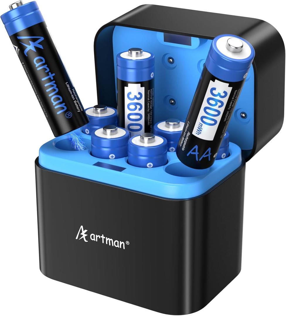 A Artman 8 Pack 3600mWh Rechargeable AA Batteries Lithium with Fast Charger for Blink Outdoor Camera, 1.5V Constant Output Double A Battery with 2000+ Cycles Charging Time (Black) A Artman 8 Pack 3600mWh Rechargeable AA Batteries Lithium with Fast Charger for Blink Outdoor Camera, 1.5V Constant Output Double A Battery with 2000+ Cycles Charging Time (Black)