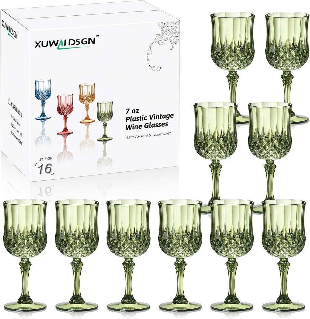 XUWAIDSGN 16 Pcs 7oz Plastic Vintage Wine Glasses Drinking Glasses Unbreakable Wedding Glassware Crystal Water Goblets Reusable Drinkware Vintage Champagne Flutes (16, Dark Green)