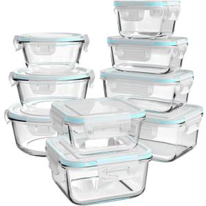 Glass Food Storage Containers with Lids, [18 Piece] Glass Meal Prep Containers, Containers for Food Storage with Lids, BPA Free & Leak Proof (9 Lid & 9 Container) (clear)