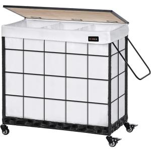 Laundry Hamper with Heavy Duty Caster Wheels; 3 Sections Clothes Hamper with Lid; 132L Laundry Basket with Removable Liner Bag; Laundry Sorter with Metal Handle (White)
