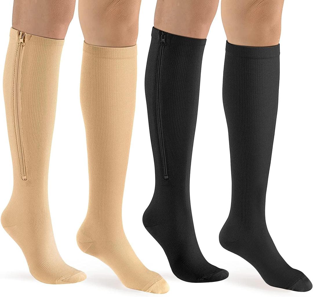 bropite Zipper Compression Socks Women & Men - 2Pairs Calf Knee High 15-20mmHg Closed Toe Compression Stocking (Large-X-Large, Black/Nude)