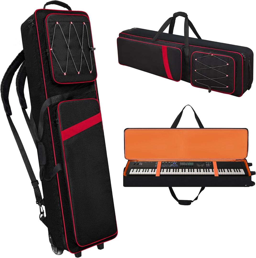 88 Key Keyboard Case with Wheels (53 "x14.5"x7"), Rolling Padded Keyboard Gig Bag with Adjustable Shoulder Straps and Handle, Waterproof Piano Case for Music Stand, Accessories, Pedals & Cables