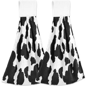 Qilmy Funny Cow Kitchen Towels, 2PCS Super Soft Absorbent Hanging Hang Towels or Dishcloths, Bathroom Hand Towels 12x17Inches