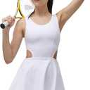 Womens One Piece Built-in Bra & Shorts Pockets Sleeveless Athletic Golf Tennis Dress Gym Workout Dress (White, S)