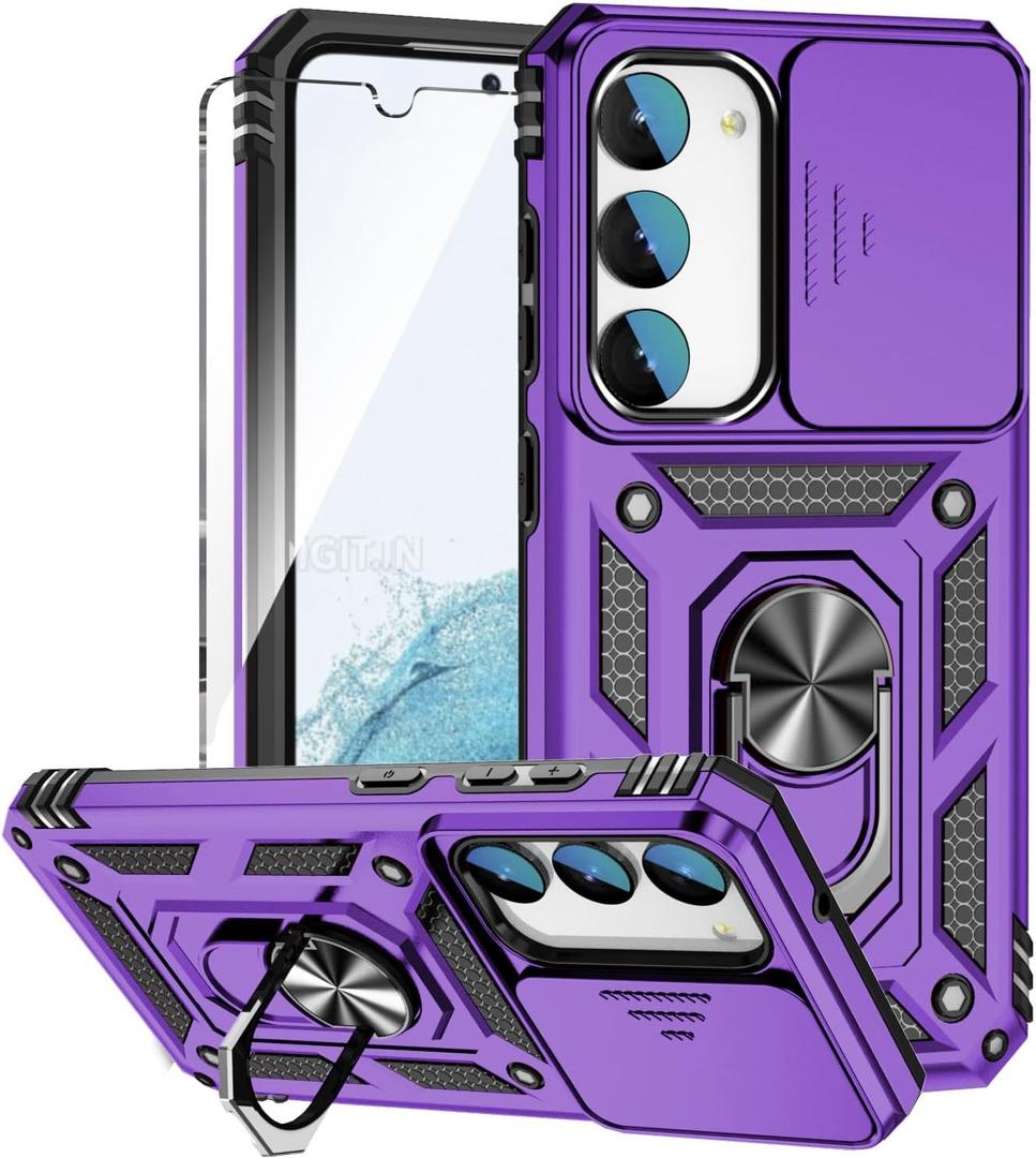 for Galaxy S23 Case with Slide Camera Cover HD Screen Protector [Military Grade 16ft. Drop Tested] Magnetic Ring Kickstand Protective Phone Case for Samsung Galaxy S23, Purple