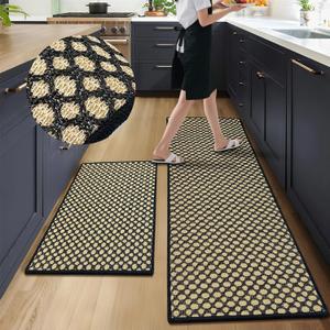 Kitchen Rug Farmhouse Design Set of 2 PCS (17"x30"+17"x50"), Non-Slip/Skid Kitchen Runner Rugs & Floor Mats, Super Soft Memory Foam Cushioned Rugs for Sink, Kitchen & Laundry, Black Border