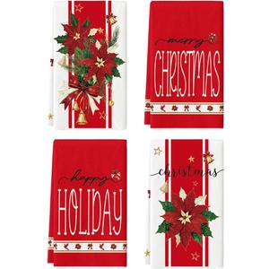Artoid Mode Red Robin Poinsettia Bell Christmas Kitchen Towels Dish Towels, 18x26 Inch Farmhouse Holiday Winter Decoration Cleaning Set of 4