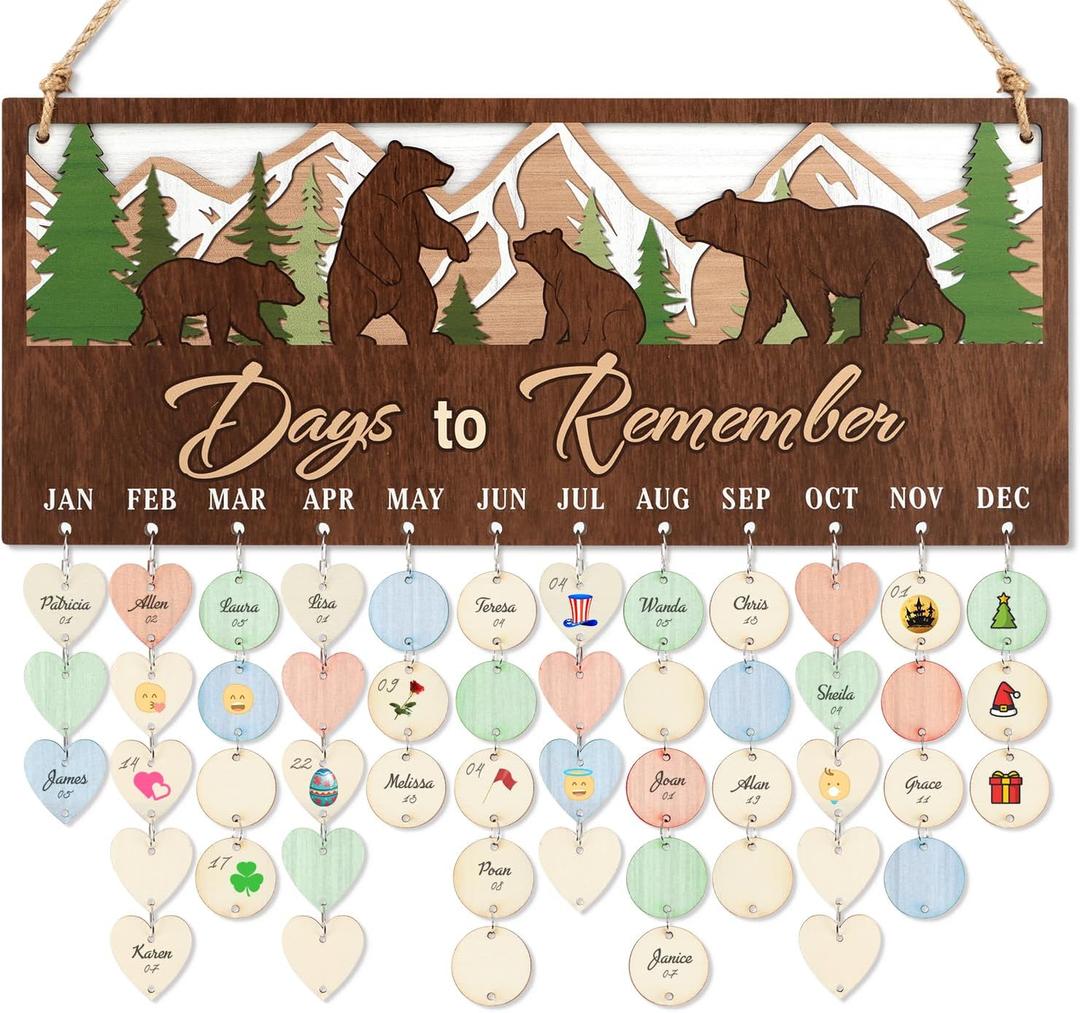 CHDITB 3D Days to Remember Birthday Calendar Wall Hanging(16x7), Woodland Bear Nursery Themed Family Birthday Reminder Tracker with Tags, Wooden DIY Gifts for Mother Grandma Friends Family