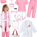 12 PCS Doctor Costume for Kids,Scrubs with Lab Coat/Nurse Costume Kids Set,Girls Boys Doctor Career Day Costumes (8-9 Years, Pink)