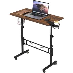 Hadulcet Small Standing Desk Adjustable Height, Rolling Desk for Standing or Sitting, Portable Computer Desk for Walking Pad, Rustic Brown