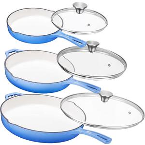 Bruntmor Pre-Seasoned Cast Iron Frying Pan Set - 8, 10, 12 Inch Blue Enamel Nonstick Skillets with Tempered Glass Lid - Oven Safe Egg and Grill Pan Set for Cooking, Searing, and Frying