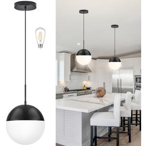 10 Inch Black Mid Century Modern Pendant Light Pendants for Kitchen Island Frosted Milky White Glass Globe Height-Adjustable Modern Hanging Globe Pendant Light for Bedroom (Bulb Incl)