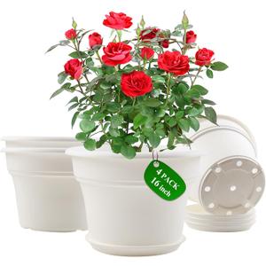 Pottiffe 16 inch Plastic-Flower-Pot-for-Indoor-Plants, 4 Pack Large Outdoor Planter Pot with Drainage Holes & Saucers, Resin Decorative Garden Pots Planters