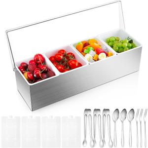 Mifoci 1 Pack Stainless Steel Chilled Condiment Server 4 Removable Slot Toppings Containers with Lid and Bottom Ice Bar Garnish Tray with 9 Silverwares 4 Ice Boxes for Christmas Party, Events and Bar, As Shown in the Picture