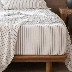 MooMee Fitted Bottom Sheet Only 100% Washed Cotton Linen Like Textured Breathable Durable Soft Comfy Deep Pocket Fits Mattress up to 17" (White Dark Grey Wide Stripes, King)