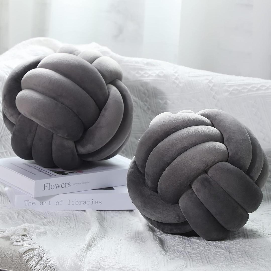 Namalu 2 Pcs Soft Knot Pillow Ball, Decorative Round Throw Knotted Pillows Cushion, Handmade Stuffed Ball Pillows for Bedroom Sofa Couch Home Decor(10.6 Inches,Dark Gray)