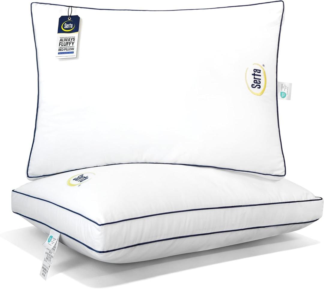 Serta Hotel Collection Bed Pillows Queen/Standard Size Set of 2, 400 Thread Count 100% Cotton Cover, Medium Soft, Support Gusseted Down Alternative Pillow for Back, Stomach or Side Sleepers, 18" x 26" (White)