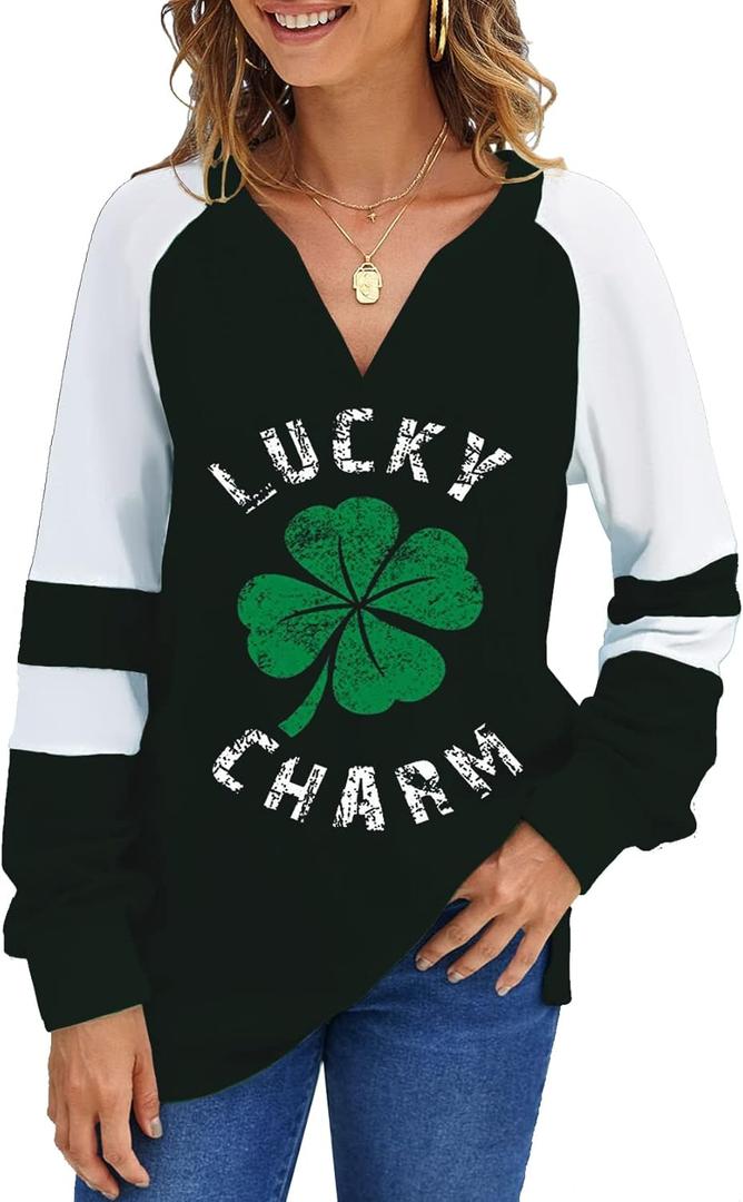 St. Patrick's Day Shirts Women Lucky Tops Shamrock Graphic Tee Raglan Sleeve Festival Ladies Irish Shirts (Large, Black Lucky)