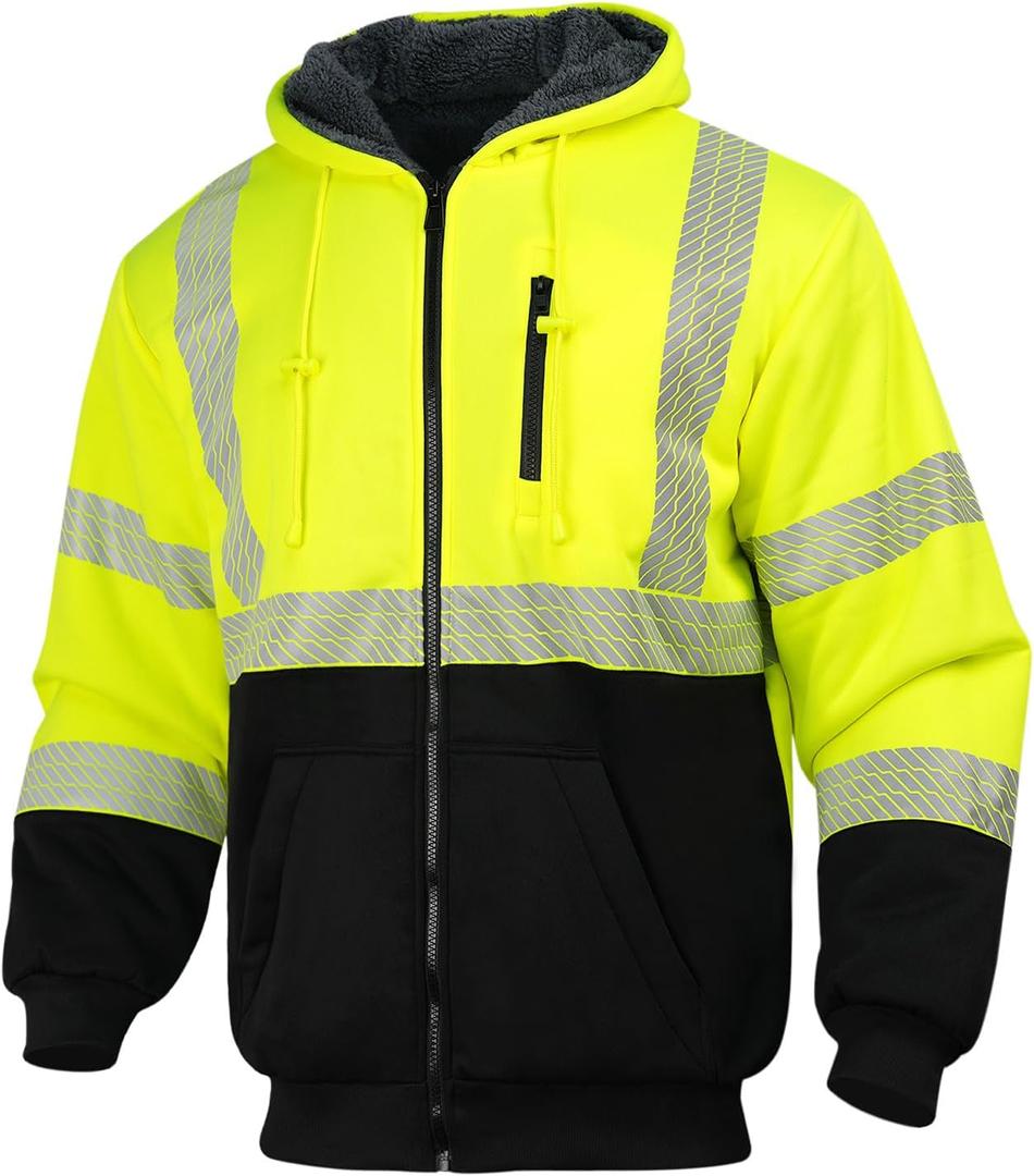 Hi Vis Hoodie Reflective Safety Jacket for Men,Class 3 High Visibility Sweatshirt Zipper for Work Construction, XL