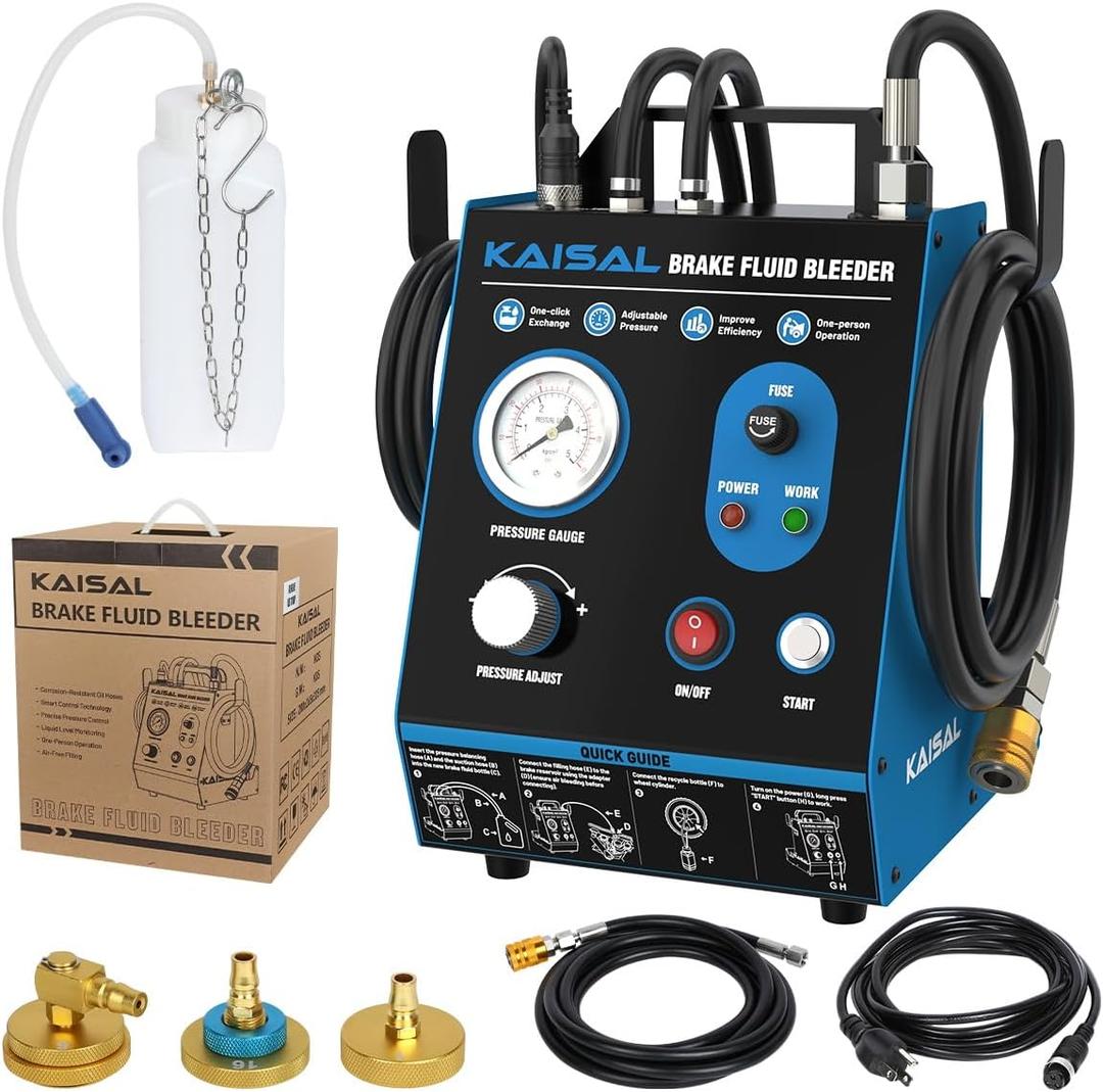 Brake Bleeder Kit Automatic 7~36PSI Electric Brake Fluid Bleeder 1.6L/min Flow Airless Vacuum Filling, Adjustable Brake Pressure Bleeder Pump with 3 Master Cylinder Adapter, Fluid Shortage Protection