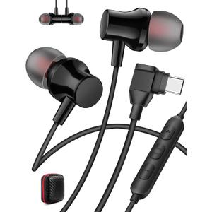 Jiunai Right Angle USB C Headphones with Mic Magnetic Type C Wired Earbuds | HiFi Stereo Sound, Magnetic Snap, Earphones for iPhone 17 16 15 Galaxy S26 for iPad, S M L Ear Tips, Work Music Commute Game