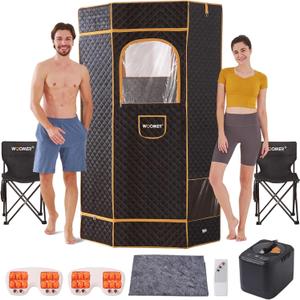 WOOMER 2 Person Sauna, Portable Sauna Box for Home with Folding Chair, Foot Massager and 3L 1000W Sauna Steamer, Spacious Steam Sauna Tent with 4 Windows, Home SPA Relaxation, 42.5" x 42.5" x 71"