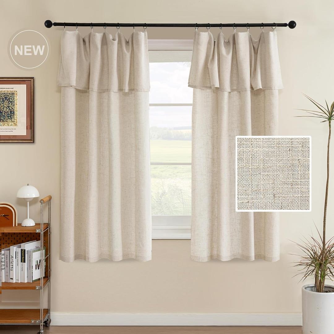 H.VERSAILTEX Linen Curtains with Valance 63 Inch, Light Filtering Farmhouse Curtain 2 Panels Set Semi-Sheer DrapesTreatments Rod Pocket/Ring Top for Bedroom 52 x 63 Inch, Linen