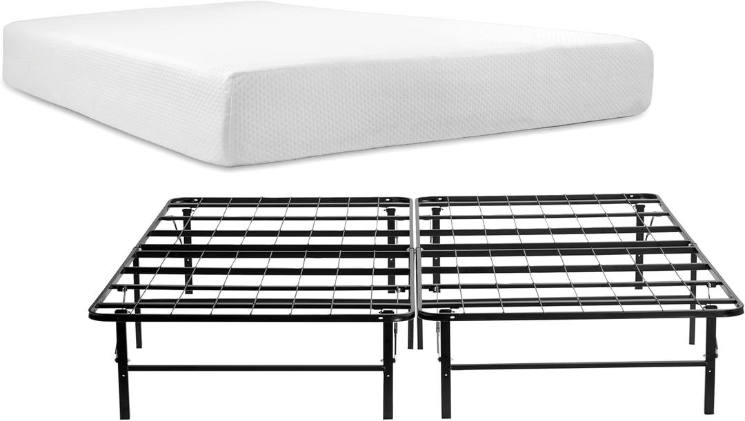 Nestl Full Foldable Bed Frame with 10 Inch Green Tea Mattress - 14 Inch High Easily Tool Free Assembled Steel Bed Frame with Cooling Graphite Memory Foam Mattress - CertiPur-US Certified