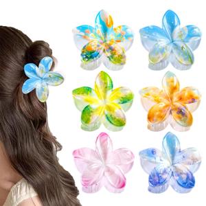 6 pcs Sweet Print-Flower Hair Clips,3.14 inches Large Hawaiian Flower Claw Clip for Women,Beach Vacation hair accessories for Women Girls (Printed flower-6Pcs)