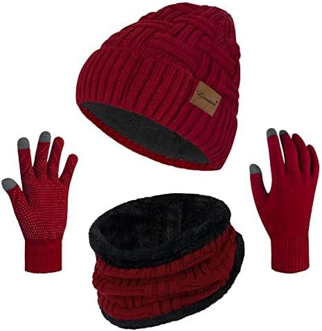 Loritta 3-Pieces Winter Hat Neck Warmer Touchscreen Gloves Set Knit Thick Scarf Beanie Hats Scarves Set Gifts for Women (N- Wine Red)
