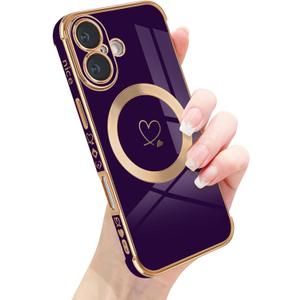 for iPhone 17 Magnetic Case, Luxury Cute Love Heart Pattern Plating Edge Case for Women Girls Soft TPU Bumper Anti-Scratch Shockproof Protective Case Cover for iPhone 17-Dark Purple
