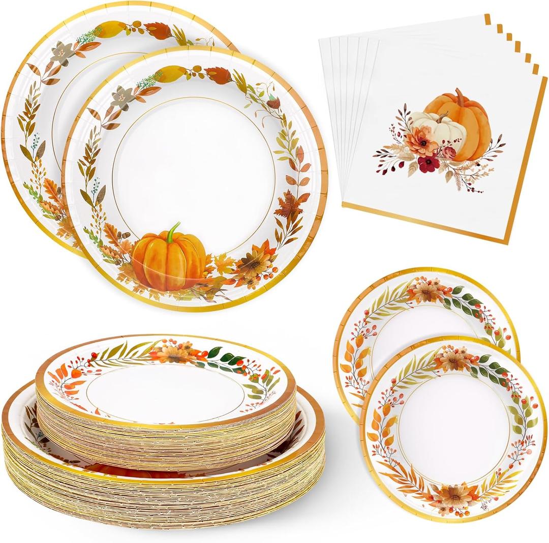 200Pcs Thanksgiving Paper Plates and Napkins, Fall Disposable Dinnerware Set with Pumpkins Maple Leaves Paper Plates Napkins for Thanksgiving Fall Party Supplies