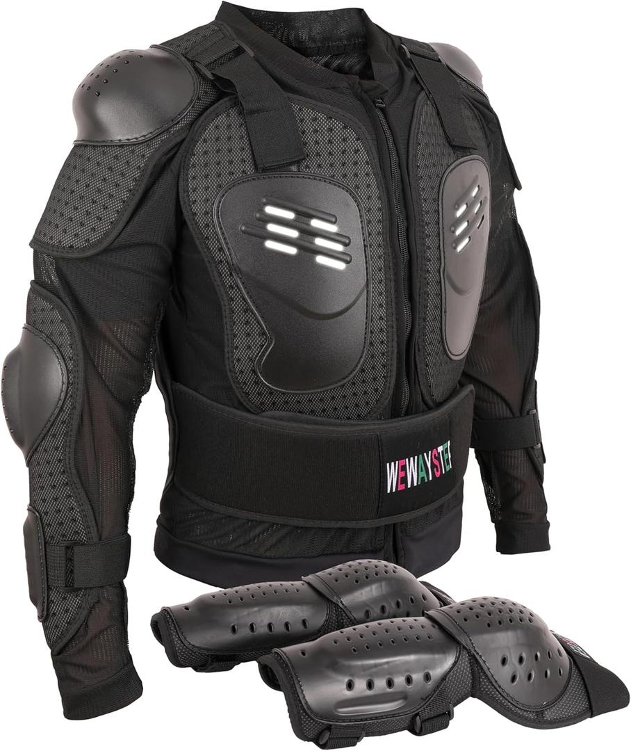 Kids Motorcycle Jacket Dirt Bike Gear,Motocross Spine Chest Protector Armor Suit with Knee Shin Guards (Large, Black)