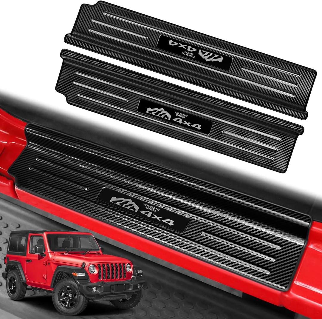 2PCS Door Sill Guards for Jeep Wrangler 2018-2025 JL JLU & 2020-2025 Gladiator JT Accessories, Stainless Steel Door Sill Protector,Sport Rubicon 2 Door (Carbon Fiber)