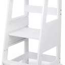 TOETOL Bamboo Toddler Kitchen Step Stool White Helper Standing Tower Height Adjustable with Anti-Slip Protection for Kids Kitchen Counter Learning