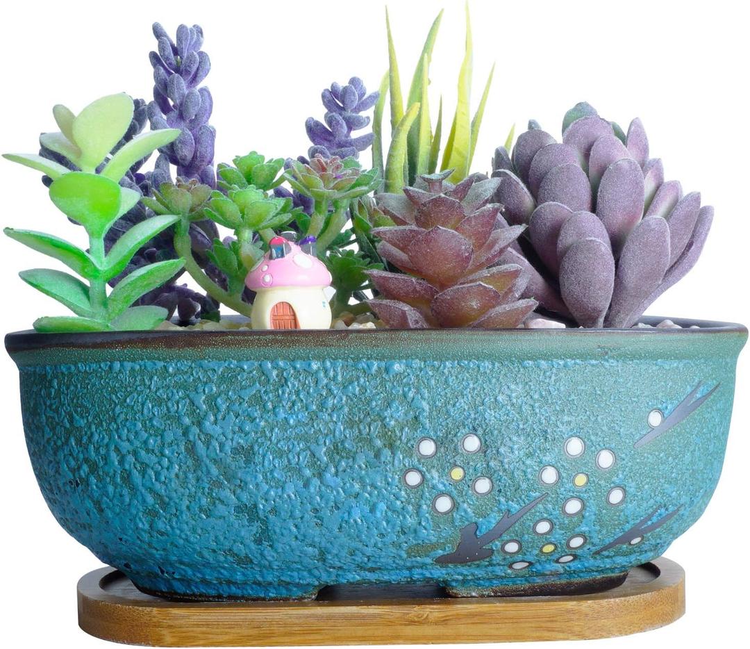 ARTKETTY Succulent Pots, 7.9" Rectangle Succulent Planters with Drainage Tray, Shallow Planters for Indoor Plants Ceramic Cactus Pots Bonsai Flower Plant Container for Home Windowsill Decor (Grainy Blue)