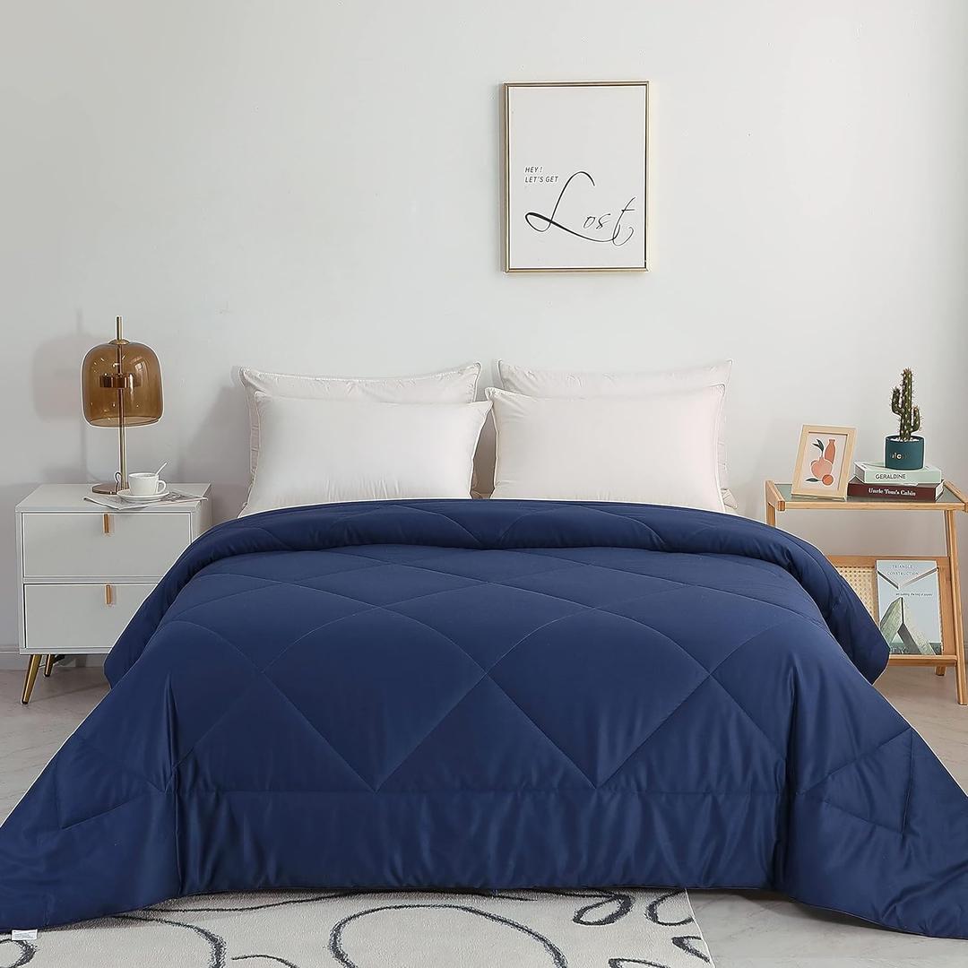 2025 Premium Upgraded Non-Vacuum Bed Quilt All Seasons 100% Cotton Filled Comforter - Reversible Lightweight Soft Breathable Fluffy (Navy Blue King)