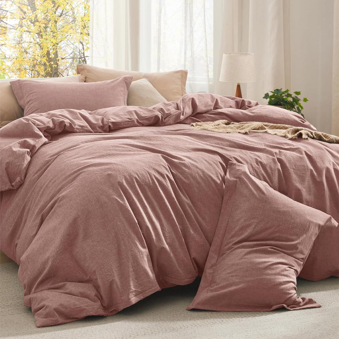 Bedsure Comforter Set Queen Size - Cotton Fabric with Microfiber Inner Fill, Pink Clay PureWoven Soft Bed Set for All Seasons, 3 Pieces, 1 Comforter (90" x 90") and 2 Pillow Cases (20" x 26")