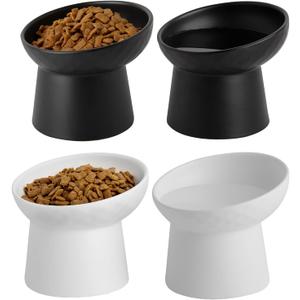4 Pcs Small Ceramic Raised Cat Bowls, Tilted Elevated Food or Water Bowls, Stress Free, Backflow Prevention, Dishwasher and Microwave Safe, Lead & Cadmium Free(2pc Black + 2pc White)