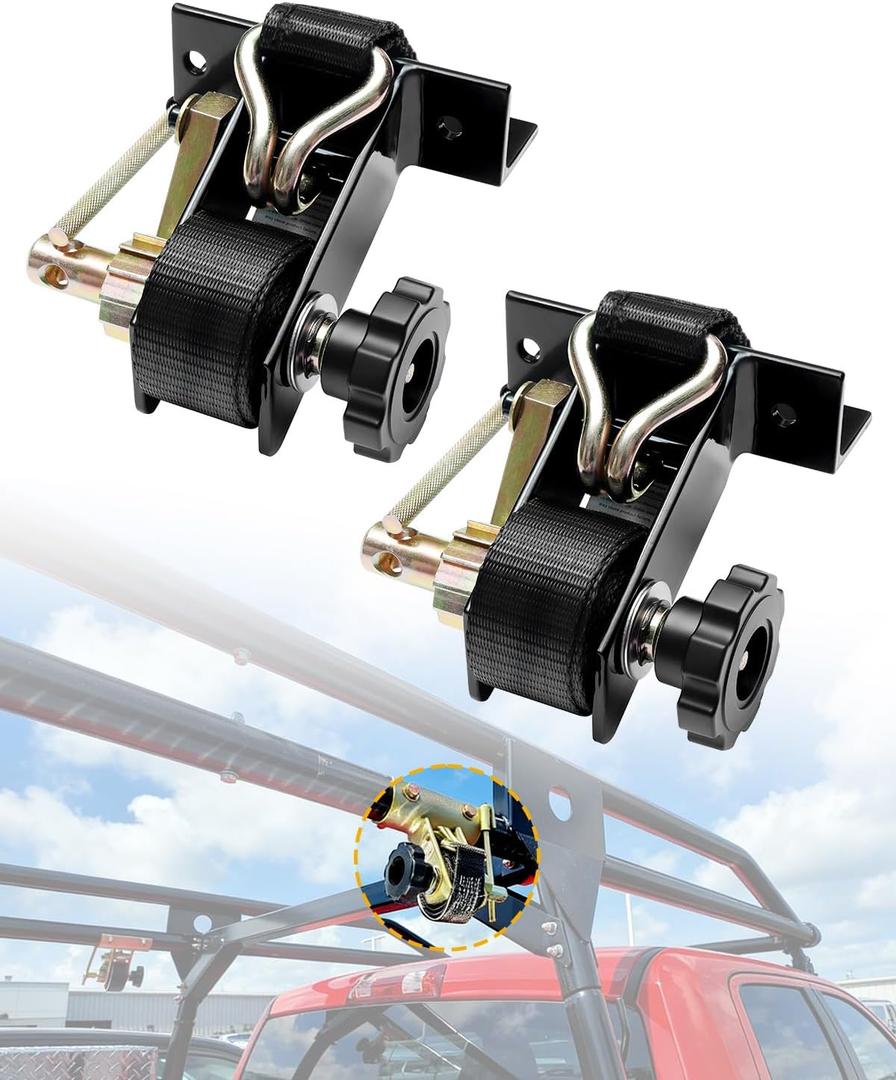 Ladder Rack Ratchet Straps with J-Hook (Pair), 1.4" Black Square Tube Mount, 1.5" Wide x 7.5' Long Black Retractable Ratchet Tie Down Strap Roof Rack, 500 lbs Load Heavy Duty, Cargo Buckle Lock Strap