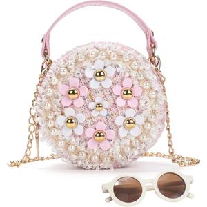 Girls Purse for Age 3-14, Flower Purse for Kids, Pink Little Girls Handbag Toddler Wallet with Round Glasses, Cute Toddler Crossbody Bag, Princess Handbag Gift for Christmas, Birthday