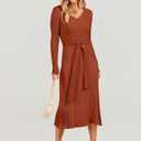 ANRABESS Womens Long Sleeve Fall Dress 2025 V Neck A-line Tie Waist Ribbed Knit Bodycon Midi Sweater Dresses Rust Small
